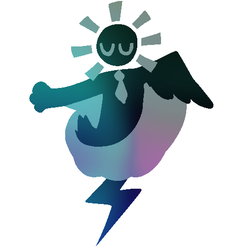 a person with an arrow wrapping around them. they have one arm with a paw, one wing, a lightning bolt instead of feet, a necktie, glow marks around their head, a short fuzzy tail, and closed eyes. the image has a cool aurora-like tint, with the person dark and the arrow bright